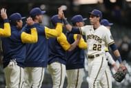 The Brewers celebrate a victory against the Pirates earlier this season.